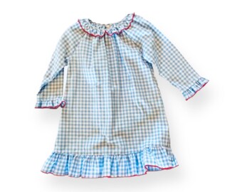 75% OFF * Personalized Girls Blue Gingham Nightgown with Ruffle Edging and Red Trim