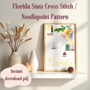 Florida Map Cross Stitch Pattern PDF – Sunshine State Landmarks, Alligator, Oranges & Coastal Icons – Modern Needlepoint Instant Download