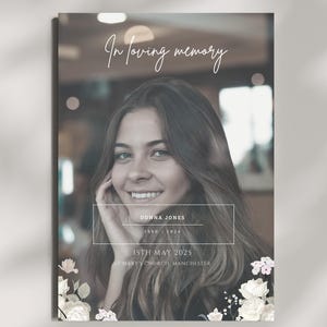 May include: A memorial card with a portrait of a woman with long brown hair. The words "In loving memory" are written at the top. The card includes the name "Donna Jones", dates 1990-2024, and the date of the memorial service.
