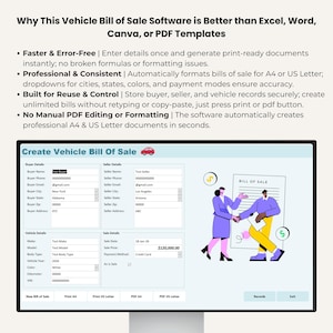 Puede incluir: Una pantalla de ordenador muestra un software de compraventa de veh&iacute;culos. La interfaz incluye campos para los datos del comprador y del vendedor, la informaci&oacute;n del veh&iacute;culo y los detalles de la venta. El software crea documentos profesionales A4 y US Letter. Una ilustraci&oacute;n muestra a dos personas d&aacute;ndose la mano.