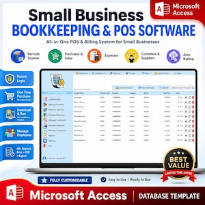 May include: A Microsoft Access software interface for small business bookkeeping and POS, featuring a dashboard, product list, and inventory management tools. Icons represent barcode scanning, sales, expenses, and customer tracking on a laptop screen.