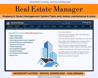 Administrador inmobiliario / Sistema de gestión de propiedades e inquilinos / Microsoft Access / Seguimiento de alquileres, arrendamientos y mantenimiento / Alternativa a Excel / Editable