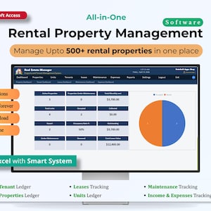 May include: A computer monitor displays "Rental Property Management" software interface. The screen shows data tables, charts, and the text "Manage Upto 500+ rental properties in one place." Additional text includes "No Subscriptions" and "Replace Excel with Smart System."