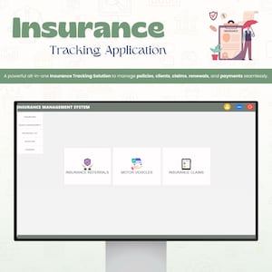 Könnte beinhalten: Ein Computermonitor zeigt eine Benutzeroberfläche einer Versicherungstracking-Anwendung. Der Bildschirm zeigt Optionen für Versicherungsanfragen, Kraftfahrzeuge und Versicherungsansprüche. Die Worte "Insurance Tracking Application" stehen oben.
