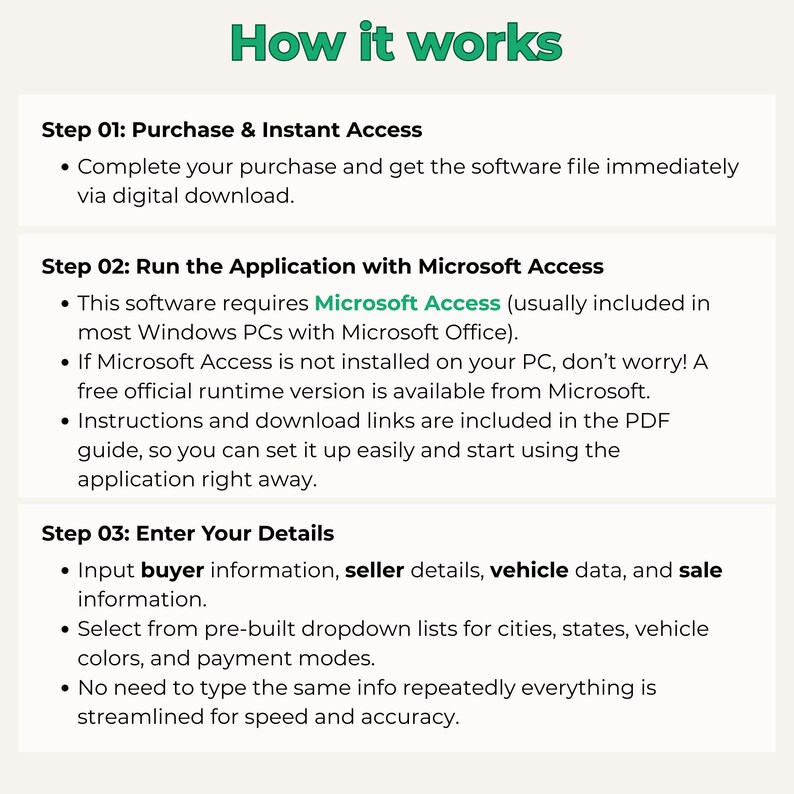 Puede incluir: Fondo blanco con texto verde que dice &laquo;How it works&raquo;. La imagen detalla tres pasos: Purchase & Instant Access, Run the Application with Microsoft Access y Enter Your Details. Cada paso se explica con vi&ntilde;etas.