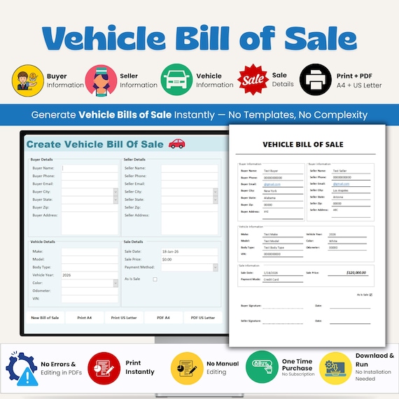 Car & Vehicle Bill of Sale Generator | Auto Sales Contract Template | Printable PDF and Editable MS Access