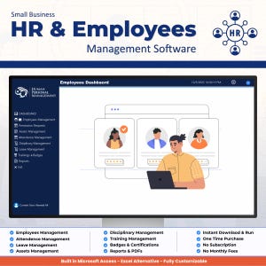 May include: A computer monitor displaying Small Business HR & Employees Management Software. The interface features a dashboard with modules for employee management, attendance, and reports, alongside an illustration of a person using a laptop.
