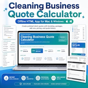 May include: A digital Cleaning Business Quote Calculator software interface displayed on a laptop screen, featuring sections for business branding, client information, job costs, add-on services, and a final quotation summary document.