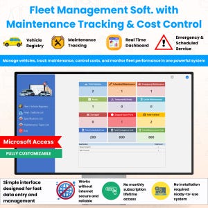May include: A computer screen displays fleet management software with the text "Fleet Management Soft. with Maintenance Tracking & Cost Control." The interface shows vehicle data, maintenance tracking, and cost control information. The software is fully customizable.
