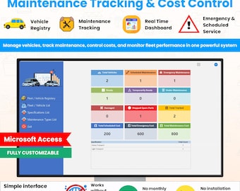 Software de gestión de flotas / Seguimiento del mantenimiento de vehículos y panel de control de costes / Sistema de base de datos MS Access / No requiere Excel
