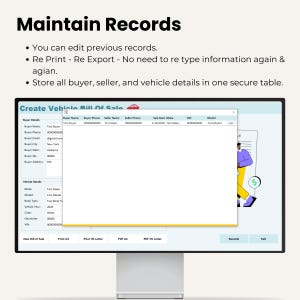 Puede incluir: Un monitor de computadora que muestra un formulario de venta de veh&iacute;culo. La pantalla muestra campos para los detalles del comprador y del veh&iacute;culo, con el texto "Maintain Records" en la parte superior. El monitor est&aacute; sobre un escritorio blanco.