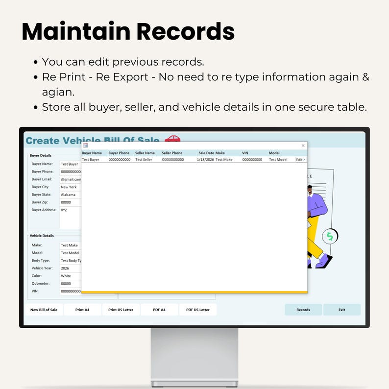 Puede incluir: Un monitor de computadora que muestra un formulario de venta de veh&iacute;culo. La pantalla muestra campos para los detalles del comprador y del veh&iacute;culo, con el texto "Maintain Records" en la parte superior. El monitor est&aacute; sobre un escritorio blanco.