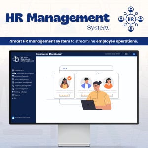 Op de afbeelding: Een computermonitor toont een HR Management Systeem interface. Het scherm toont een werknemersdashboard met profielpictogrammen en een persoon die een laptop gebruikt. De tekst luidt "Smart HR management system to streamline employee operations."