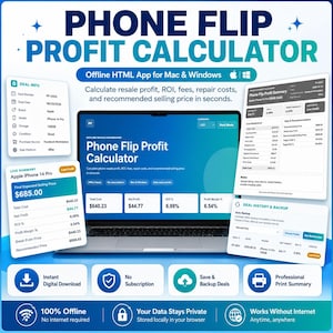 Könnte beinhalten: Eine digitale Phone Flip Profit Calculator App für Mac und Windows auf einem Laptop-Bildschirm. Die Benutzeroberfläche zeigt Wiederverkaufsgewinn, ROI, Gebühren und Reparaturkosten an. Enthält Bereiche für Deal-Infos und Zusammenfassungen.