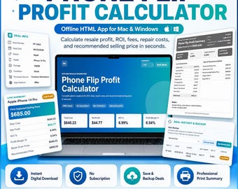 Calculadora de ganancias para la reventa de teléfonos, aplicación HTML sin conexión para Mac y Windows, herramienta para obtener ganancias como revendedor de teléfonos, calculadora de ROI, descarga digital.