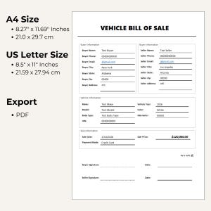 Puede incluir: Un documento blanco de venta de veh&iacute;culo con campos para la informaci&oacute;n del comprador y del vendedor, detalles del veh&iacute;culo e informaci&oacute;n de venta. Incluye detalles de tama&ntilde;o A4 (21,0 x 29,7 cm) y US Letter (21,59 x 27,94 cm), y exportaci&oacute;n PDF.