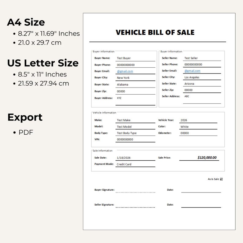 Puede incluir: Un documento blanco de venta de veh&iacute;culo con campos para la informaci&oacute;n del comprador y del vendedor, detalles del veh&iacute;culo e informaci&oacute;n de venta. Incluye detalles de tama&ntilde;o A4 (21,0 x 29,7 cm) y US Letter (21,59 x 27,94 cm), y exportaci&oacute;n PDF.