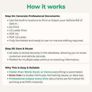 Puede incluir: Gr&aacute;fico blanco con el t&iacute;tulo "How it works" en verde. Explica c&oacute;mo generar documentos profesionales, guardar y reutilizar datos, y por qu&eacute; el proceso es f&aacute;cil y fiable. Incluye formatos A4 y US Letter.