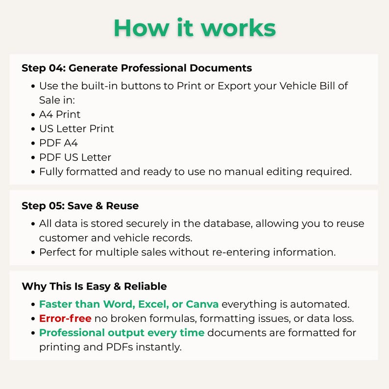 Puede incluir: Gr&aacute;fico blanco con el t&iacute;tulo "How it works" en verde. Explica c&oacute;mo generar documentos profesionales, guardar y reutilizar datos, y por qu&eacute; el proceso es f&aacute;cil y fiable. Incluye formatos A4 y US Letter.