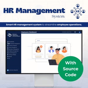 Puede incluir: Un monitor de computadora muestra una interfaz del sistema de gestión de recursos humanos. La pantalla muestra un panel de control de empleados con perfiles de usuario y opciones de menú. El texto incluye "HR Management System" y "With Source Code."