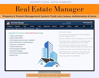 Administrador inmobiliario / Sistema de gestión de propiedades e inquilinos / Microsoft Access / Seguimiento de alquileres, arrendamientos y mantenimiento / Alternativa a Excel / Editable