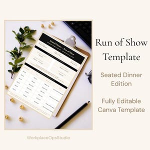 May include: A printed Seated Dinner Run of Show template on a clipboard, featuring black and cream sections with fields for event details, leadership, and a detailed schedule. The document includes text headers like Event Name, Date, Time, and Staff Duties.