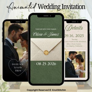 Può includere: Tre smartphone che mostrano un invito di matrimonio animato. Gli schermi mostrano foto di una coppia, dettagli del matrimonio e il testo "Animated Wedding Invitation". L'invito include i nomi Olivia & James e la data 08-25-2026.