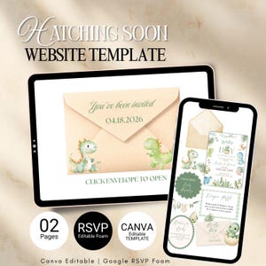 Puede incluir: Una plantilla de sitio web digital para un baby shower, que se muestra en una tableta y un teléfono inteligente. La tableta muestra una invitación con ilustraciones de dinosaurios. El teléfono inteligente muestra elementos de diseño, incluida una tarjeta de rifa de pañales. El texto dice "Hatching Soon Website Template".
