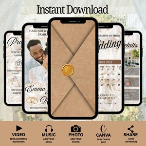 Puede incluir: Una invitaci&oacute;n de boda digital que se muestra en cinco tel&eacute;fonos inteligentes. El tel&eacute;fono central muestra un sobre marr&oacute;n con un sello dorado. Otras pantallas muestran detalles de la boda, fotos y un calendario. El texto "Instant Download" est&aacute; en la parte superior.