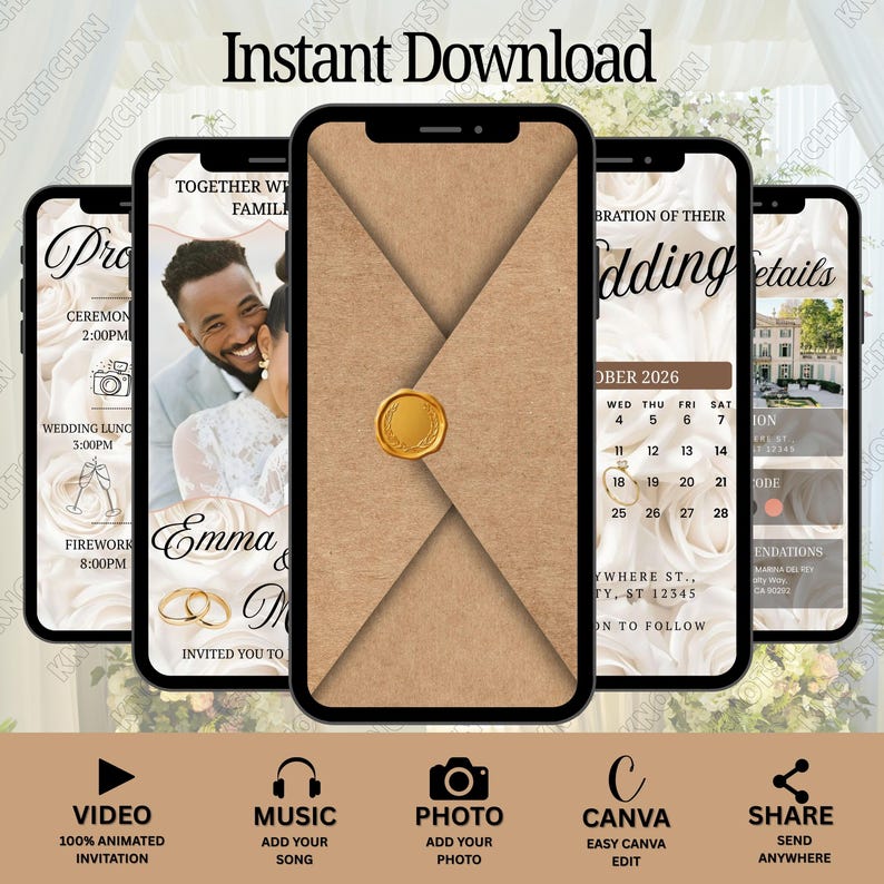 Puede incluir: Una invitaci&oacute;n de boda digital que se muestra en cinco tel&eacute;fonos inteligentes. El tel&eacute;fono central muestra un sobre marr&oacute;n con un sello dorado. Otras pantallas muestran detalles de la boda, fotos y un calendario. El texto "Instant Download" est&aacute; en la parte superior.