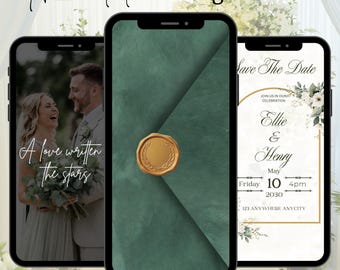 Invitación de boda animada, video con sobre que se abre con vegetación, elegante plantilla botánica de EVTP para invitación de boda digital.