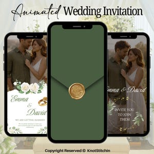 Puede incluir: Tres smartphones que muestran una invitación de boda animada. El diseño presenta una pareja, detalles florales y los nombres "Emma & David". El teléfono central muestra un sobre verde con un sello dorado. El texto dice "Animated Wedding Invitation."