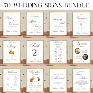 May include: A collection of 12 framed wedding signs with gold borders. The signs feature elegant black text on a white background, with phrases like "Welcome," "After Party," and "Signature Drinks." The signs are designed for various wedding events.