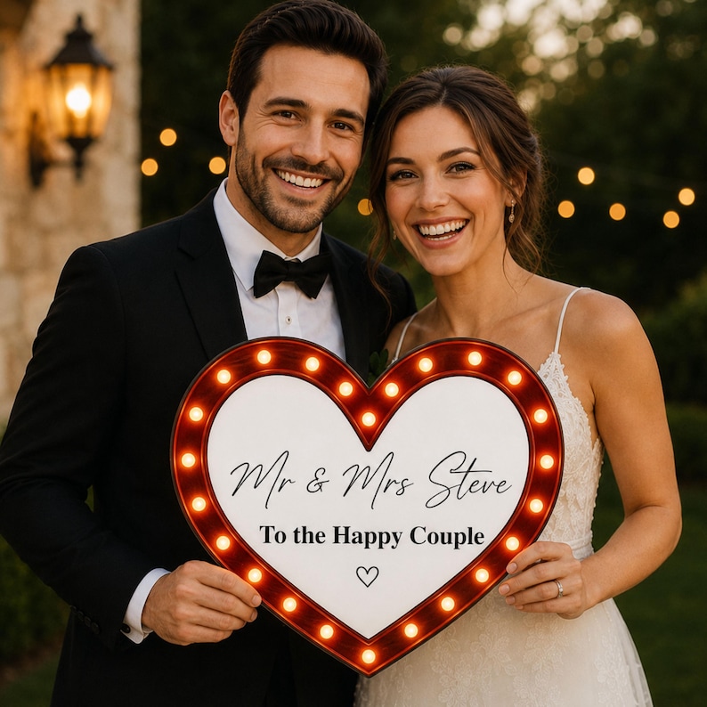 May include: A smiling couple holds a heart-shaped sign with illuminated lights. The sign reads "Mr & Mrs Steve To the Happy Couple" in elegant script. The man wears a black tuxedo and bow tie, while the woman is in a white wedding dress.