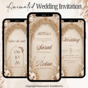 Könnte beinhalten: Drei Smartphones zeigen eine animierte Hochzeitseinladung. Das Design umfasst florale Akzente, elegante Schriftarten und den Text "Animated Wedding Invitation". Die Bildschirme zeigen Datum, Namen und Zeremonieinformationen.