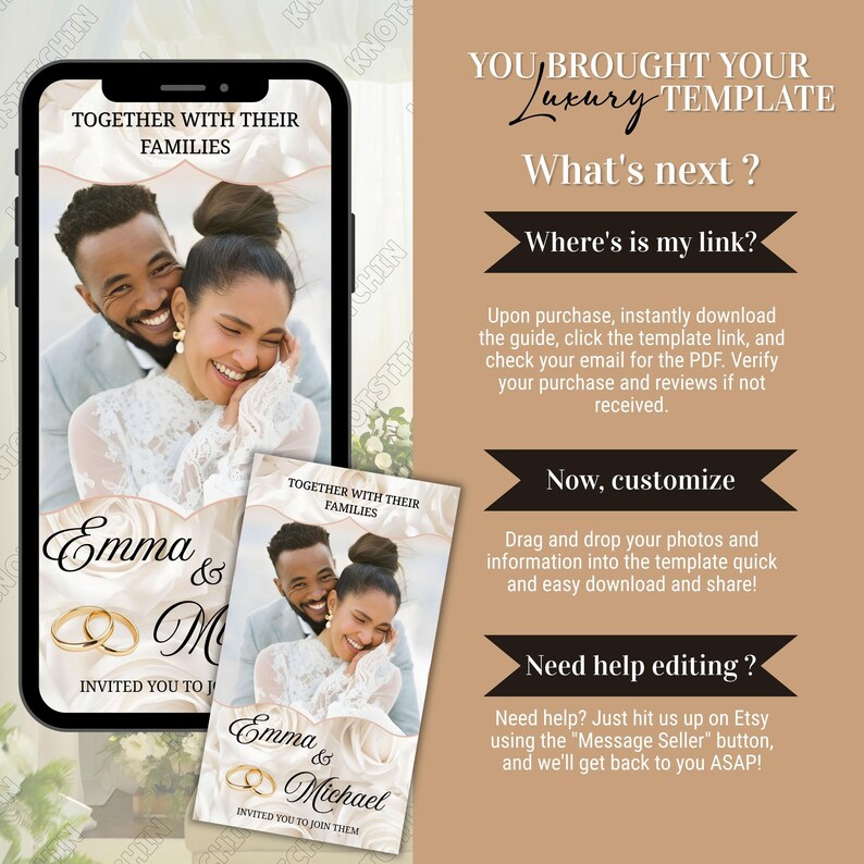 Puede incluir: Un tel&eacute;fono inteligente y una tarjeta muestran un dise&ntilde;o de invitaci&oacute;n de boda. La invitaci&oacute;n presenta una foto de una pareja sonriente, los nombres "Emma & Michael" y la frase "Invited you to join them." El dise&ntilde;o incluye anillos de boda dorados.