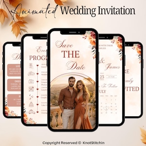 May include: Five smartphones display an animated wedding invitation with a warm autumn theme. The screens feature text including Save The Date, Event Program, and details for Sarah & James on July 23, 2023, alongside floral graphics and a couple photo.