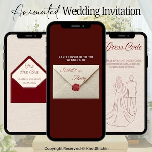 Peut inclure: Invitation de mariage animée affichée sur trois smartphones. Les écrans montrent une carte de Save the Date, une invitation avec un sceau de cire et des informations sur le code vestimentaire. Le texte comprend les noms Isabella & Henry et la date 08-25-2026.