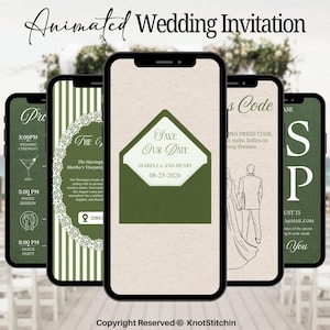 Op de afbeelding: Een geanimeerde huwelijksuitnodiging weergegeven op vijf smartphones. De schermen tonen details zoals de ceremonietijd, fotosessie en dresscode. Het centrale scherm toont een groen envelopontwerp met de tekst "Save Our Date."