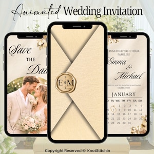 Könnte beinhalten: Drei Smartphones zeigen eine animierte Hochzeitseinladung. Die Bildschirme zeigen einen beigen Umschlag mit einem goldenen Wachssiegel mit den Initialen E und M, ein Save-the-Date mit einem Paar und einen Januar-Kalender mit Ring-Symbol.