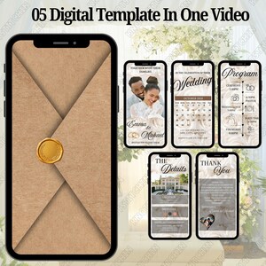 Puede incluir: Plantilla digital de boda mostrada en tel&eacute;fonos inteligentes. La plantilla incluye dise&ntilde;os de invitaci&oacute;n con fotos, detalles del evento y un mensaje de agradecimiento. El tel&eacute;fono principal muestra un dise&ntilde;o de sobre con un sello dorado. El texto dice "05 Digital Template In One Video."