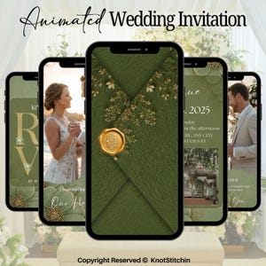 Invitation de mariage animée vert sauge, invitation vidéo de mariage sur le thème de la verdure, animation d'ouverture d'enveloppe, modèle d'invitation numérique élégant à thème botanique