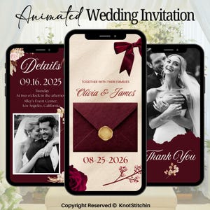 May include: Animated wedding invitation displayed on three smartphones. The design features a burgundy color scheme with floral accents and wedding details. The invitation includes the text "Olivia & James" and the date 08-25-2026.