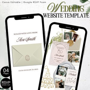 May include: A wedding website template displayed on two smartphones. The left phone shows an invitation with the text "Sealed with love from Ava Smith." The right phone displays wedding photos and details. The template includes RSVP and editable features.