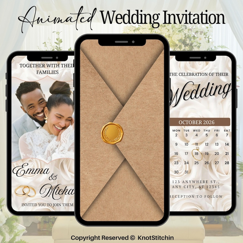 Puede incluir: Invitaci&oacute;n de boda animada mostrada en tres smartphones. El dise&ntilde;o presenta una foto de la pareja, un sobre con un sello dorado y un calendario de octubre de 2026. El texto incluye nombres, detalles de la boda y la frase "Invitados a unirse a ellos."