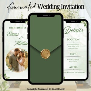 Pode incluir: Três smartphones exibindo um convite de casamento animado. As telas mostram os nomes do casal, detalhes do evento e uma foto. O telefone central apresenta um design de envelope verde com um selo dourado.