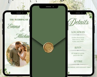 Invitación digital de boda en vídeo, plantilla editable elegante en verde salvia, invitación para WhatsApp, diseño editable en Canva, descarga instantánea.
