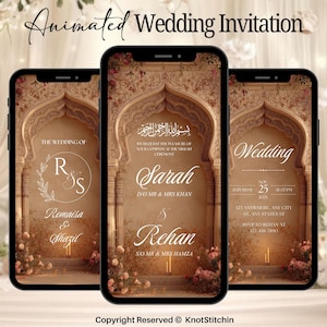 May include: Animated wedding invitation displayed on three smartphones. The design features an ornate archway with floral accents and text. The invitation includes names, dates, and RSVP information, with the text "Animated Wedding Invitation" at the top.