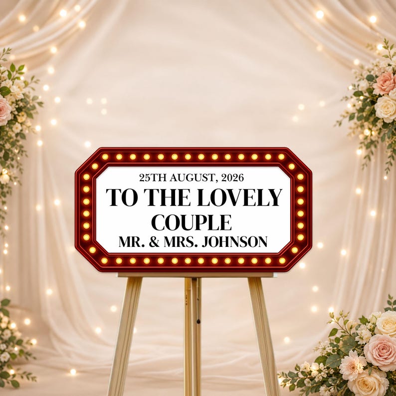 May include: A red and gold sign on a wooden easel with the text "TO THE LOVELY COUPLE MR. & MRS. JOHNSON" and the date "25TH AUGUST, 2026". The sign is surrounded by small lights, with a floral and curtain backdrop.