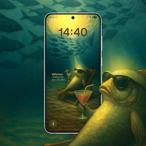 May include: A smartphone displays an underwater scene with fish wearing sunglasses, lounging in beach chairs, and enjoying cocktails. The phone's screen shows the time as 14:40. The background features a school of fish swimming in the ocean.